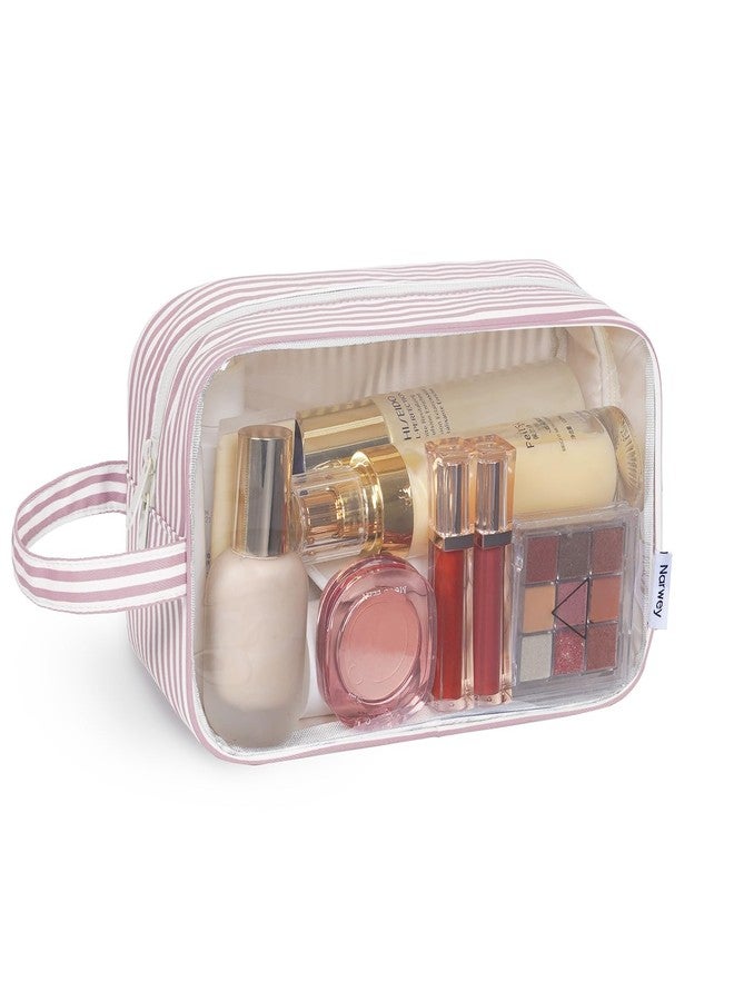 Narwey Clear Toiletry Bags for Traveling Women Men, Clear Travel Bags for Toiletries Makeup Bag Cosmetic Bag with Zipper, Make Up Organizer, Skincare Bag (Dusty Pink Stripe) - Image 1